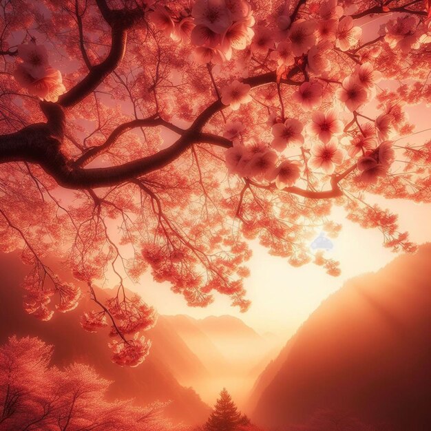 Image Hyperréaliste Au Printemps Coloré Sakura Fleur De Cerisier Festival Matin Rosée Coucher Du Soleil Hanami Vue