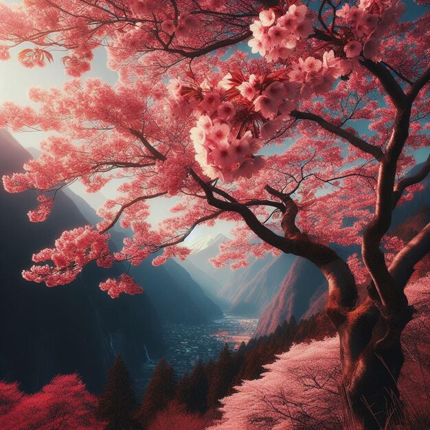 PSD image hyperréaliste au printemps coloré sakura fleur de cerisier festival matin rosée coucher du soleil hanami vue