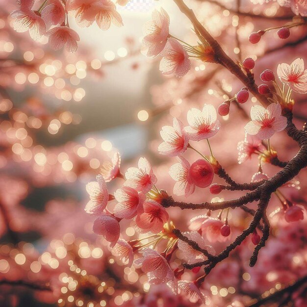 PSD image hyperréaliste au printemps coloré sakura fleur de cerisier festival matin rosée coucher du soleil hanami vue