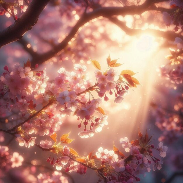 PSD image hyperréaliste au printemps coloré sakura fleur de cerisier festival matin rosée coucher du soleil hanami vue