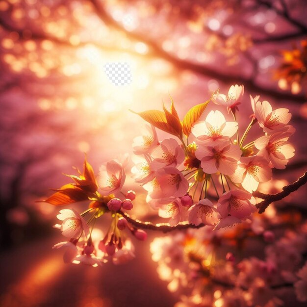 PSD image hyperréaliste au printemps coloré sakura fleur de cerisier festival matin rosée coucher du soleil hanami vue