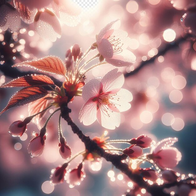 PSD image hyperréaliste au printemps coloré sakura fleur de cerisier festival matin rosée coucher du soleil hanami vue