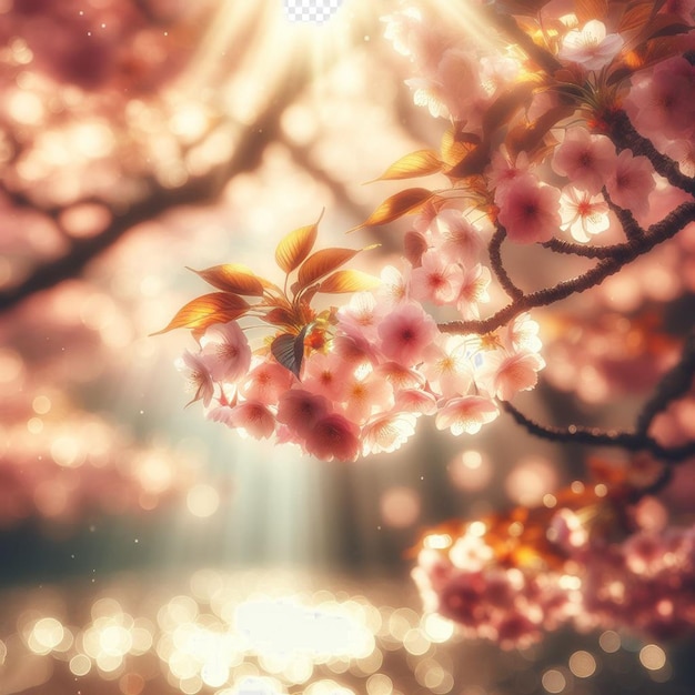 PSD image hyperréaliste au printemps coloré sakura fleur de cerisier festival matin rosée coucher du soleil hanami vue