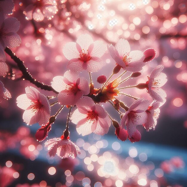 PSD image hyperréaliste au printemps coloré sakura fleur de cerisier festival matin rosée coucher du soleil hanami vue