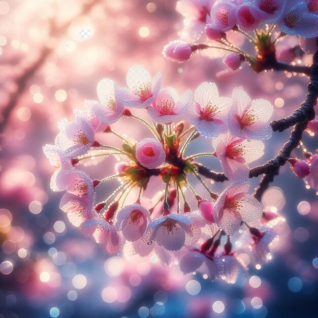 PSD image hyperréaliste au printemps coloré sakura fleur de cerisier festival matin rosée coucher du soleil hanami vue