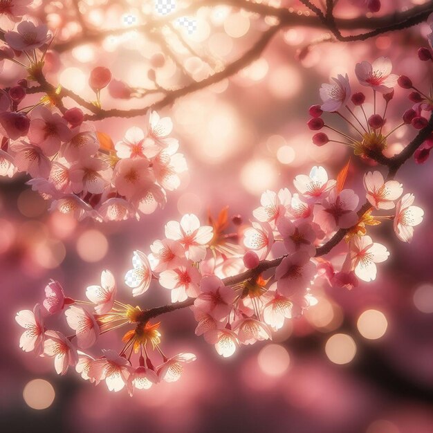 PSD image hyperréaliste au printemps coloré sakura fleur de cerisier festival matin rosée coucher du soleil hanami vue