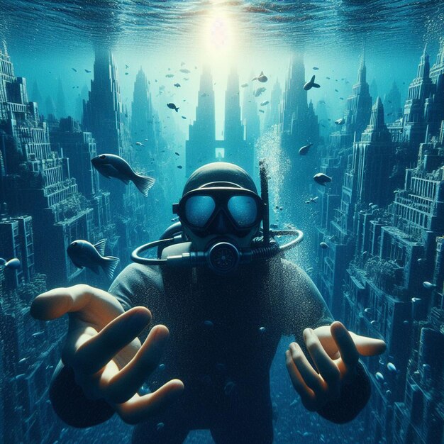 PSD image hyperréaliste plongée sous-marine plongée explorant l'atlantide coulée perdue dans l'océan bleu