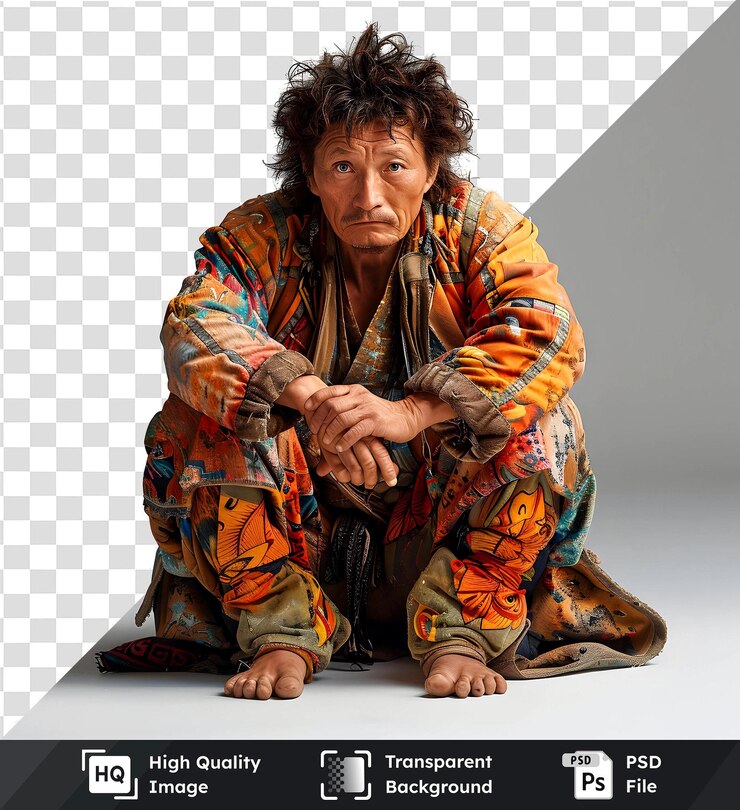 PSD image isolée d'un homme assis dans des vêtements traditionnels portant un vêtement coloré avec des motifs