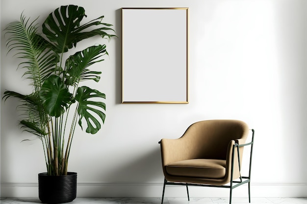 Une Image Maquette D'un Cadre Vide Avec Une Plante, Une Chaise Marron à L'intérieur D'une Pièce Avec Un Fond De Mur Blanc