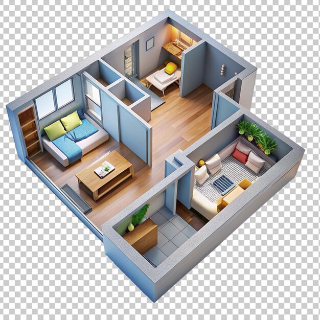 PSD l'image montre un plan d'étage 3d d'un petit appartement avec un fond transparent