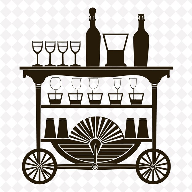 PSD une image en noir et blanc d'un chariot avec des verres de vin dessus