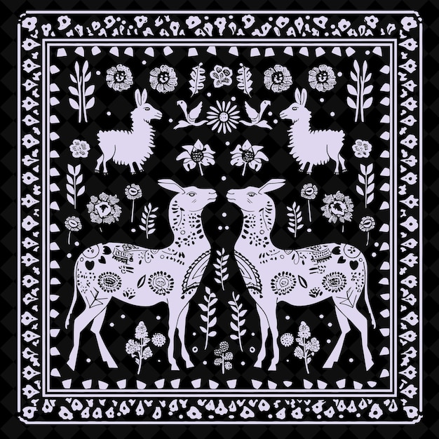 PSD une image en noir et blanc d'une chèvre et d'un cerf avec des fleurs dessus