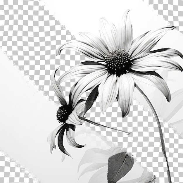 PSD image en noir et blanc éditée numériquement d'une fleur de rudbeckia en fleur isolée sur un fond transparent