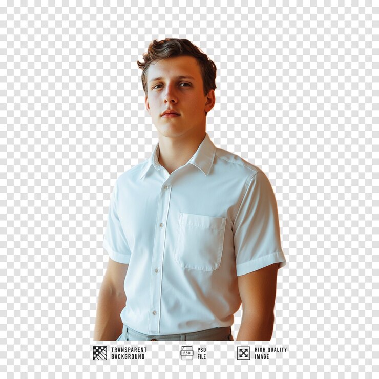 PSD image of a handsome male model wearing a white shortsleeved shirt with a transparent background