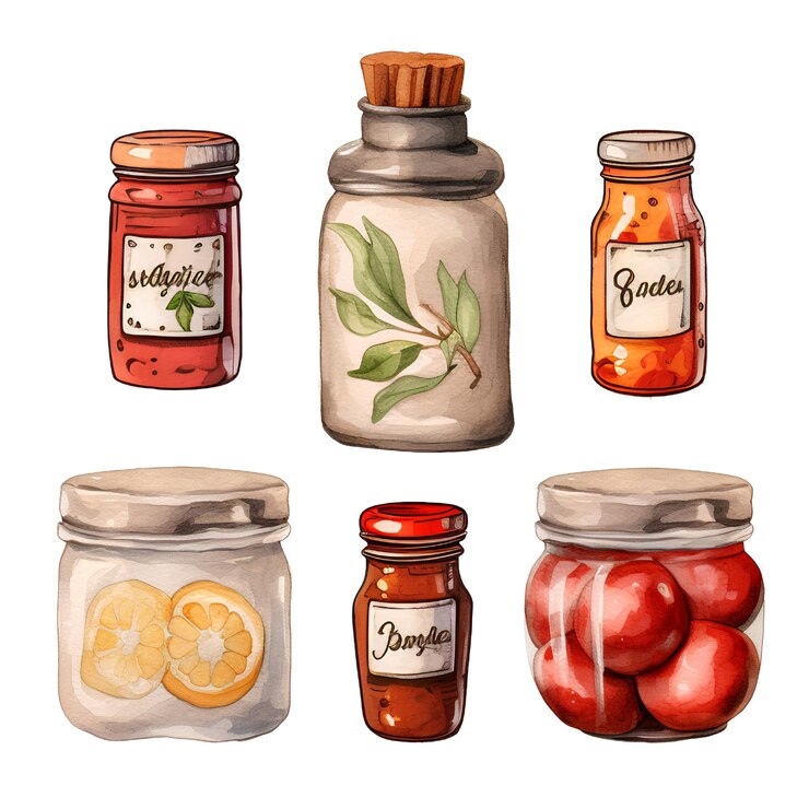 PSD image of a jar containing sauces jams seasonings and fermented foods with labels