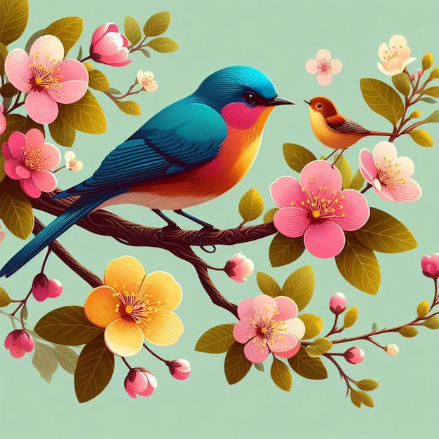 PSD une image d'oiseau aux couleurs vives assis sur une branche d'arbre avec des fleurs