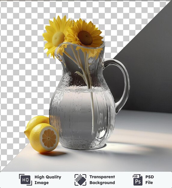 PSD image de pot de limonade rafraîchissant avec des fleurs jaunes et des citrons sur un fond transparent contre un mur gris avec une poignée blanche visible au premier plan