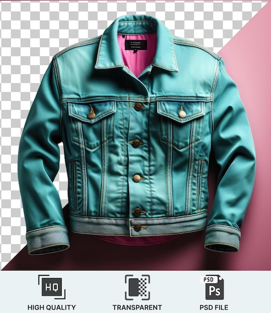 PSD l'image présente une veste bleue avec un col vert et bleu et une poche bleue associée à une chemise rose la veste est fixée contre un mur rose avec un bouton doré visible sur le