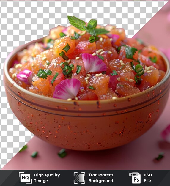 PSD image psd gajar ka halwa avec des tomates et des oignons servis dans un bol sur une table rose garnie d'une feuille verte