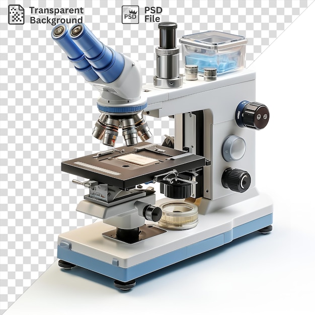 PSD image psd photographique réaliste analystes médico-légales microscope sur un fond isolé accompagné d'un jouet bleu et blanc et d'une roue noire