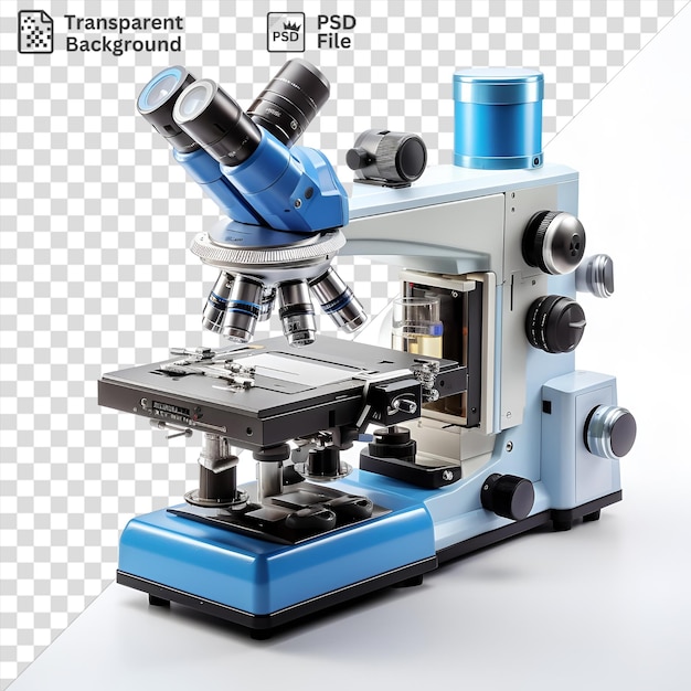 PSD image psd photographique réaliste analystes médico-légales microscope sur un fond isolé accompagné d'un jouet bleu et blanc et d'une roue noire