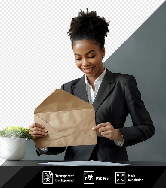 PSD image psd point important joyeux jolie mulatte femme en costume sombre ouvrant une grande enveloppe avec lettre assis dans le bureau avec plante en pot png