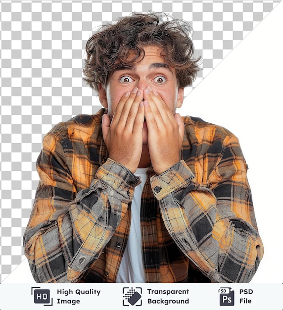 Image Psd Un Portrait D'un Jeune Homme Couvrant Sa Bouche Avec Ses Mains Semble Choqué Isolé Sur Un Fond Isolant Blanc