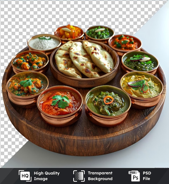 PSD image psd premium transparente de la cuisine indienne sur une table en bois avec une variété de bols et d'assiettes