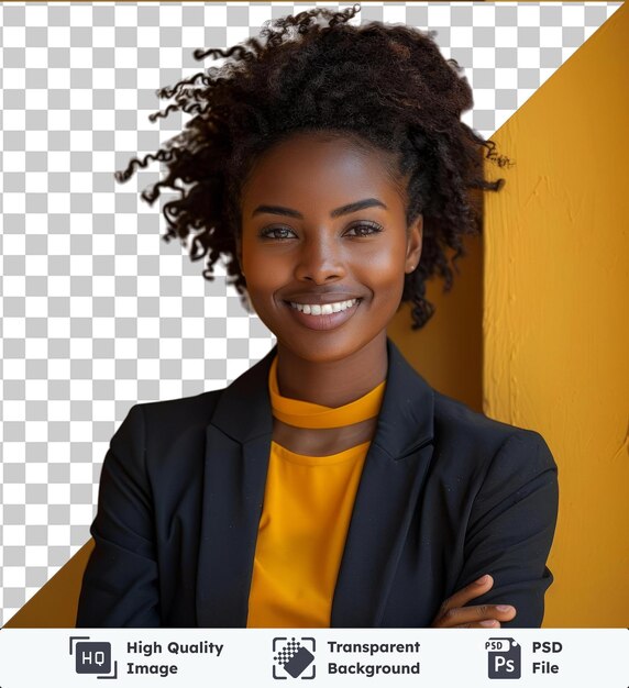 PSD image psd premium transparente femme entrepreneur afro fille d'affaires souriant à la caméra croisant les mains copier l'espace isolé sur fond jaune