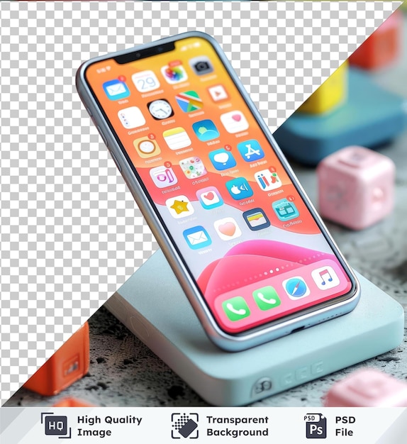 PSD une image psd premium transparente d'une maquette de smartphone avec des icônes tiktok en rose et jaune