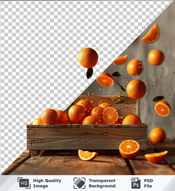 PSD image psd premium transparente d'oranges et de mandarines dans une boîte en bois sur une table contre un