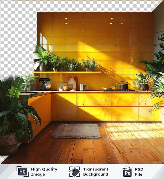 PSD image psd premium transparente d'une petite cuisine jaune douce avec un sol en bois de tapis et des plantes