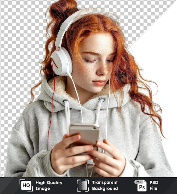 PSD image psd transparente adolescente rousse écoutant de la musique avec un mobile sur un fond isolé isolé