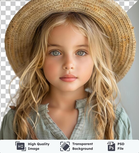 PSD image psd transparente attirante fille blonde d'âge préscolaire dans un chapeau de paille regarde droit vers l'avant sur blanc beauté isolée et concept de mode portrait en gros plan