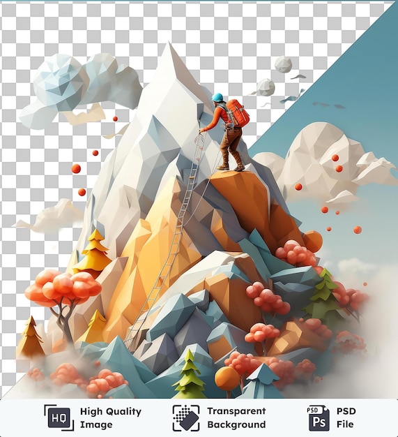 PSD image psd transparente dessin animé d'alpiniste en 3d escalade d'un sommet difficile
