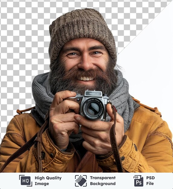 PSD image psd transparente homme barbu heureux dans une tenue à la mode souriant et prenant des photos avec un petit appareil photo