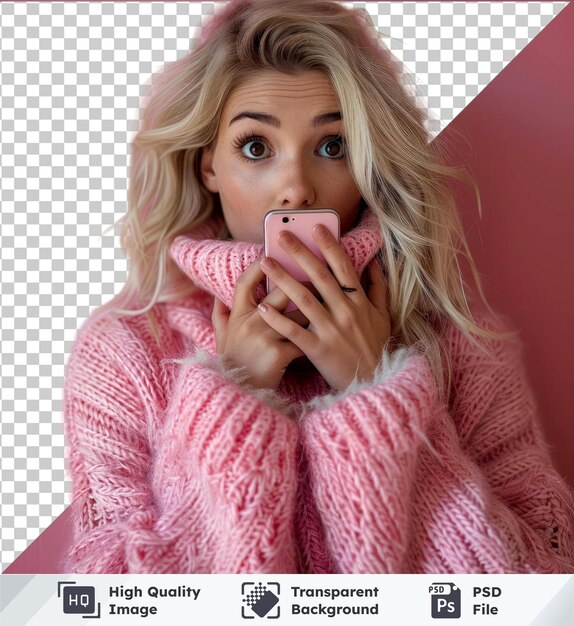 PSD image psd transparente jeune femme blonde envoyant des sms envoyant un message en utilisant un smartphone sur une couverture isolée bouche avec la main choquée par la honte de l'erreur expression de peur effrayée dans le silence secret co