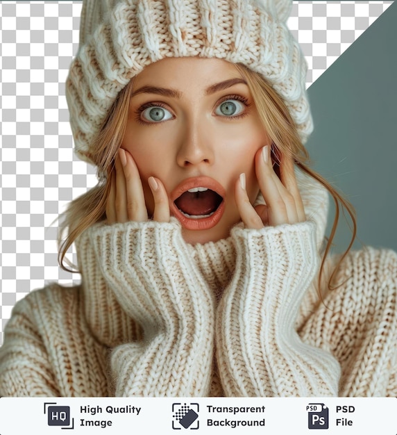 PSD image psd transparente jeune femme en chapeau de pull blanc portrait studio mode sain style de vie des gens émotions saison froide concept mock up copier l'espace criant avec les mains geste