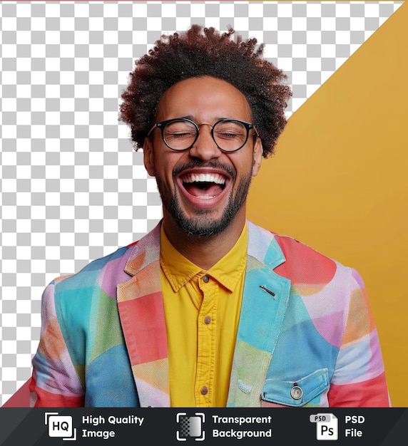 PSD image psd transparente jeune homme d'affaires beau avec afro portant des lunettes célébrant fou et fou pour le succès avec les bras levés et les yeux fermés criant concept gagnant excité