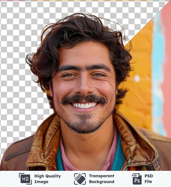 PSD image psd transparente jeune homme à la moustache heureux et souriant devant un mur coloré portant une veste brune et une chemise rose avec des cheveux noirs et bruns un grand nez