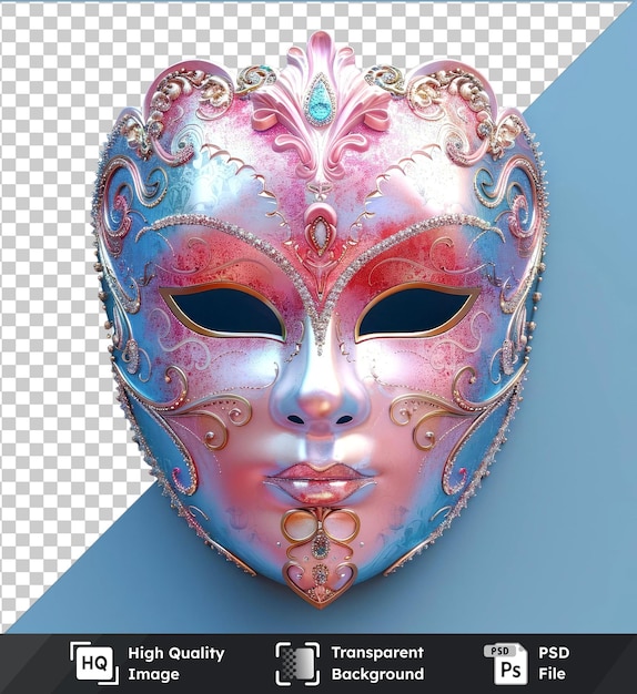 PSD image psd transparente d'une maquette de masque festive pour le carnaval avec un visage unique sur un bleu