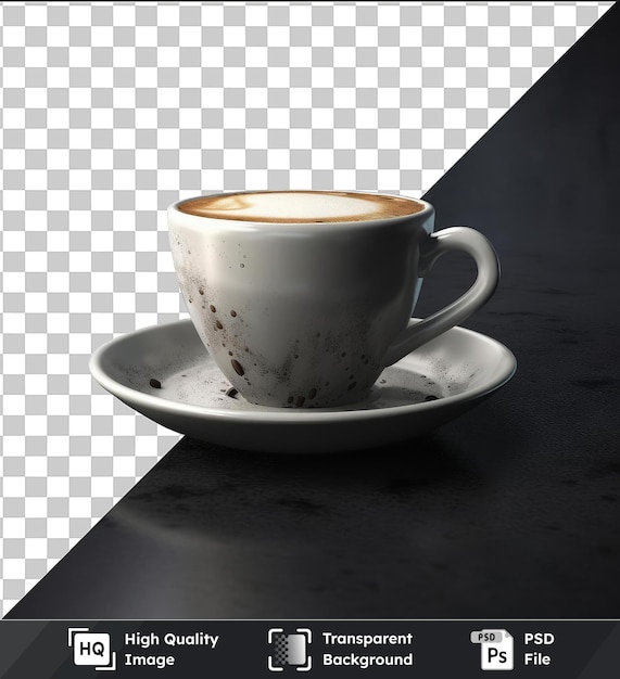 PSD image psd transparente photographique réaliste tasse de café du barista une tasse blanche avec une poignée blanche est assise sur une table noire