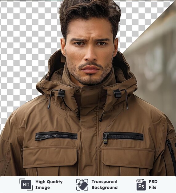 L'image Psd Transparente Vue Avant Capture Une Veste Premium Mocha Matériaux Techniques Tissu étiquette Couleur Matériau Matériau Material Matériau