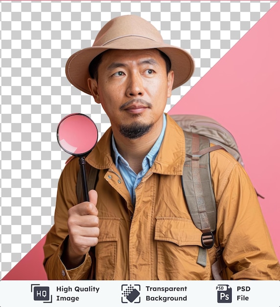 PSD image psd voyageur amusant explorateur touriste homme asiatique en vêtements décontractés chapeau avec sac à dos tenir loupe loupe passager voyage à l'étranger le week-end évasion vol aérien jovial