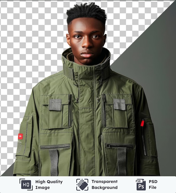 PSD image psd vue avant capturer une veste premium peridot matériaux techniques étiquette de tissu