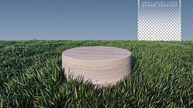 PSD une image de rendu 3d d'un lieu d'exposition de produits en bois sur des herbes vertes déposées