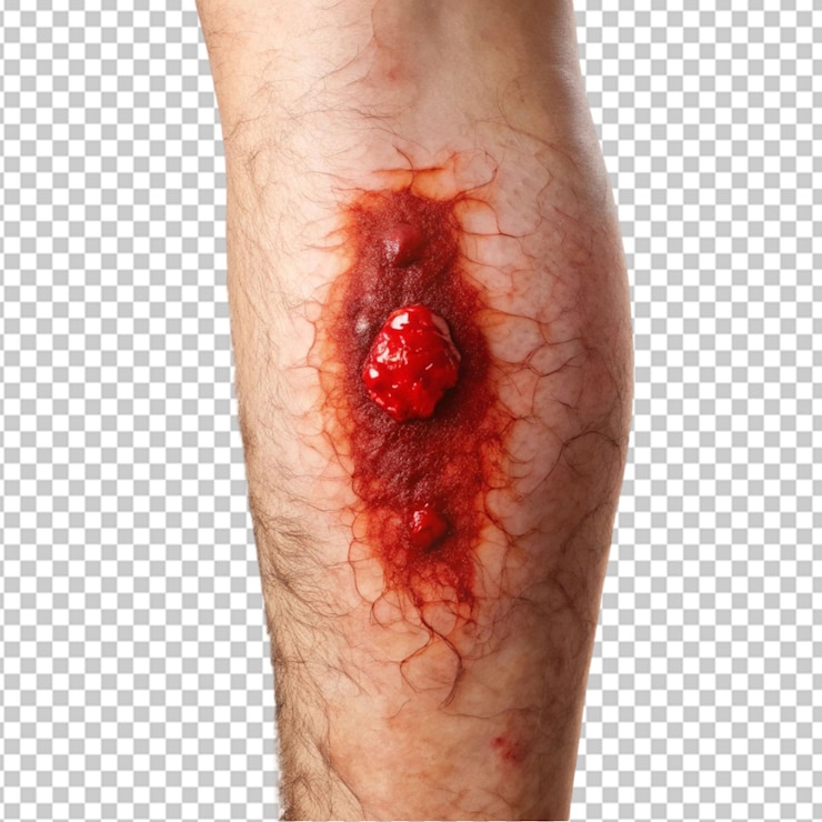 PSD une image représentant un caillot de sang dans la jambe se concentrant sur la zone affectée avec un gonflement visible sur un fond transparent