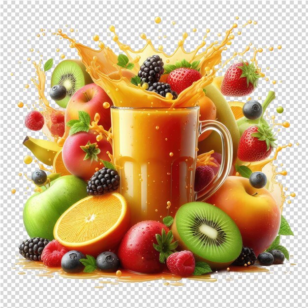 PSD une image d'une tasse de jus avec des fruits et une image dun fruit