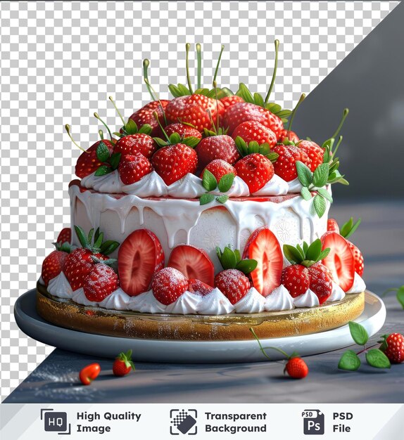 Une image transparente d'un délicieux gâteau à la fraise avec des fraises fraîches et des feuilles vertes
