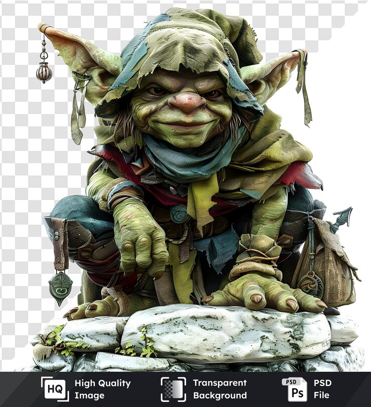 PSD image transparente de haute qualité d'un personnage de goblin fantastique avec des doigts pointants de peau verte et